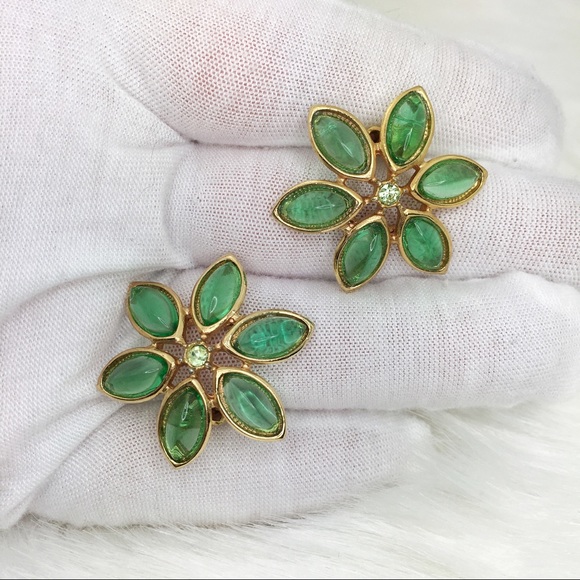 Vintage Jewelry - Vintage Signed Marvella Green Flower Earrings
